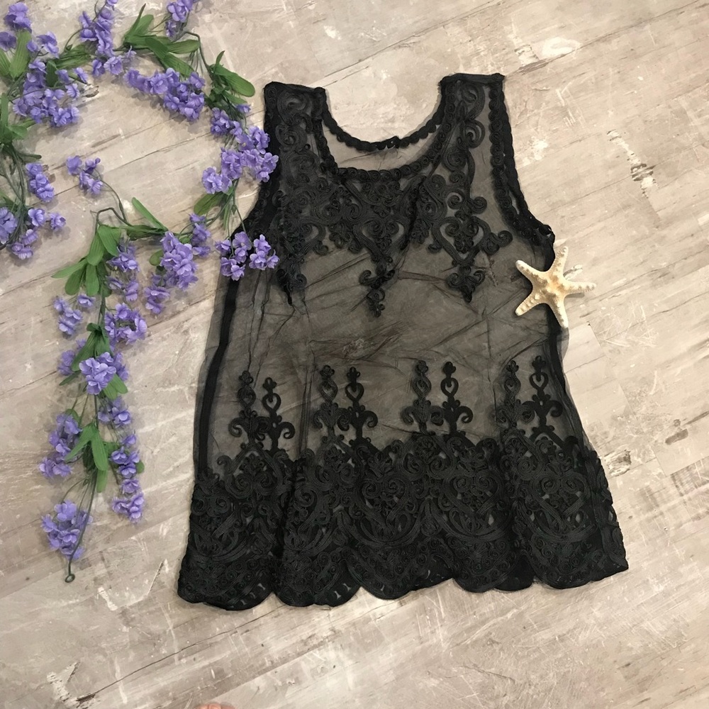 Swim Cover Dress Top Black with Embroidery